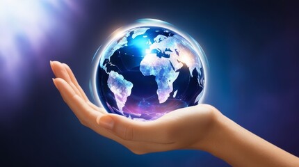 Global Hologram of Earth in Hand – Business and Environmental Protection Concept on Dark Background