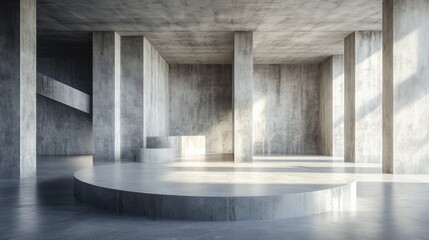 Obraz premium Empty concrete interior featuring a podium and a mockup space 3D rendering