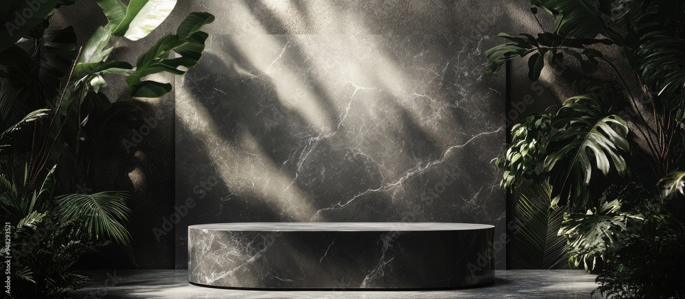 Poster product showcase pedestal featuring a marble backdrop and shadowy foliage 3d rendering of the podium
