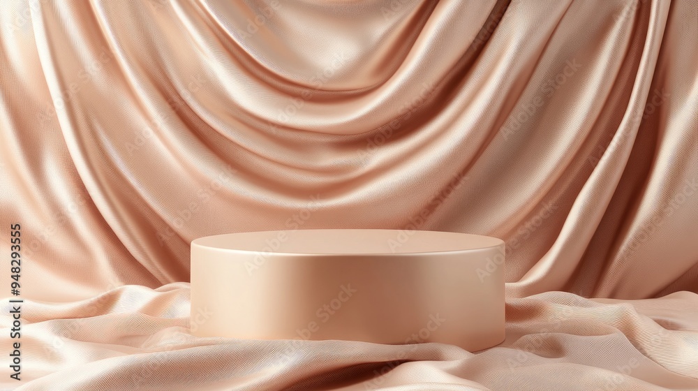 Poster beige podium draped in swirling fabric 3d rendering platform for cosmetic products made of round mat