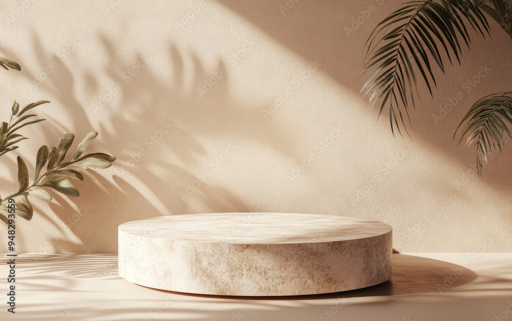 Poster stone display podium featuring natural leaf shadows against a brown backdrop 3d rendering