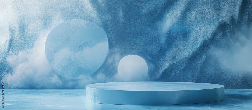 Poster Minimalist scene featuring a podium and an abstract backdrop Geometric shapes in a blue winter color palette 3D rendering with geometric forms and a textured background