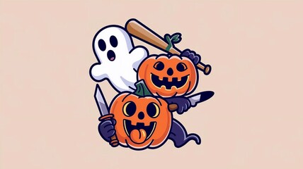 Fototapeta premium Ghost, Pumpkin head with baseball bat, Cat with knife. Halloween concept. Hand drawn modern Vector illustration. Isolated designelements. Cute creepy, scary, funny characters. Cartoon retro style