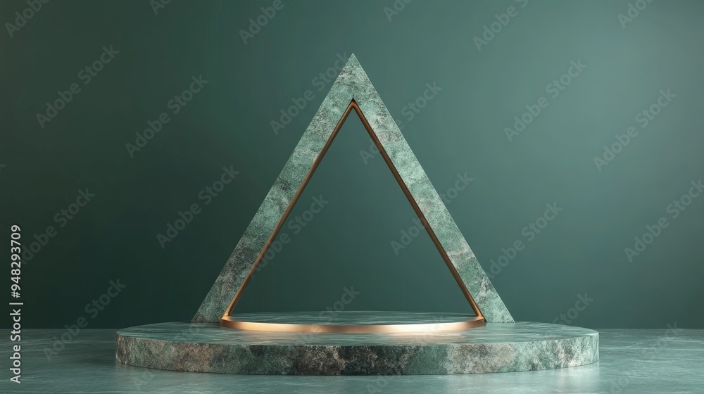 Poster minimalist podium design on a triangular base with a green backdrop 3d rendering