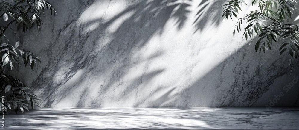 Poster empty marble stage featuring leaf shadows 3d rendering digital artwork