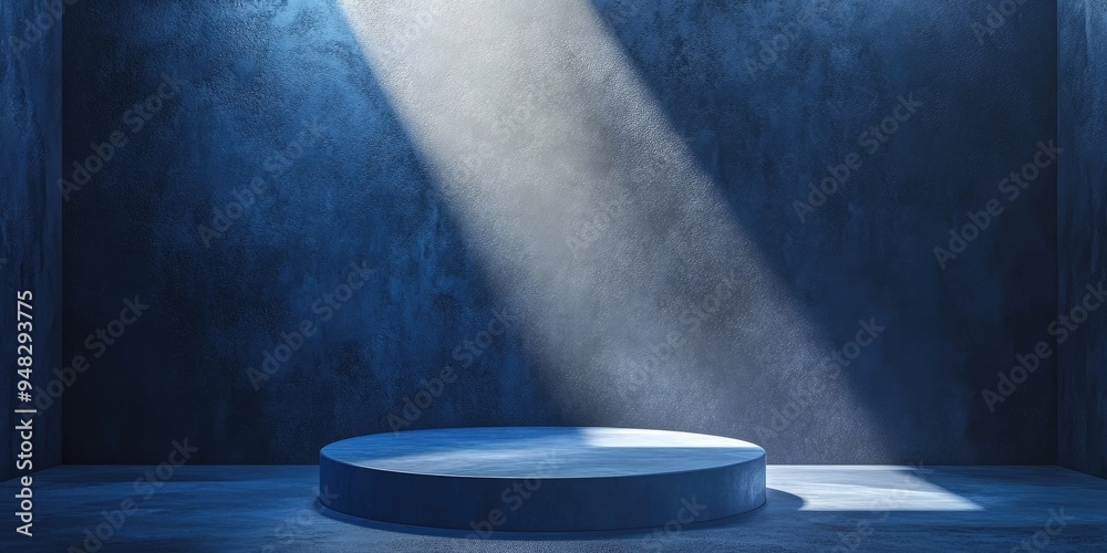 Aufkleber blue pedestal podium in a spotlight within an empty room featuring an ultramarine textured wall back