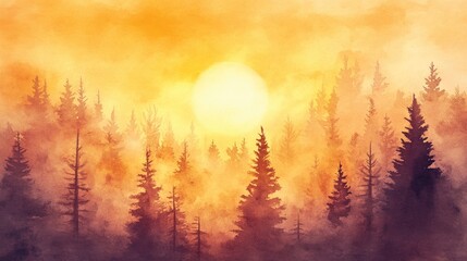 Obraz premium Watercolor illustration of a forest during sunset showcasing a serene landscape
