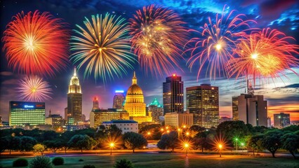 Naklejka premium Vibrant explosions of color illuminate the dark Texas sky as majestic fireworks celebrate the Lone Star State's rich history and independence on a festive night.
