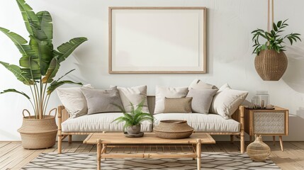 interior design. spring living room beige sofa, wooden coffee table, potted plants, rattan buffet,