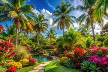 Fototapeta premium Lush tropical garden overflowing with vibrant exotic blooms and majestic palm trees, transporting the ordinary backyard into a serene and idyllic island oasis.