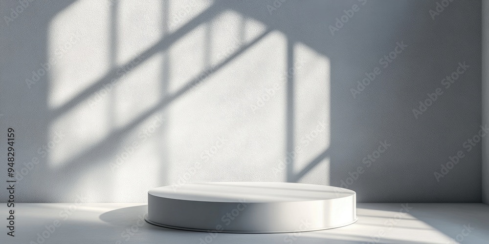 Poster White round podium in an interior space with shadows cast from a window Realistic abstract setting for showcasing fashion items Modern minimalist 3D render