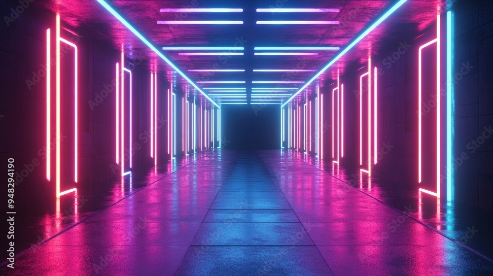 Poster neon glowing lines create a sci fi ambiance in a dark tunnel with reflections on the floor and ceili