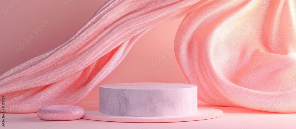 Poster abstract geometric composition featuring levitating silk and a podium against an abstract backdrop d