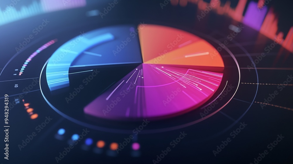 Poster A close-up of a 3D pie chart on a digital screen, with dynamic shadows and highlights emphasizing the data segments and their relative sizes