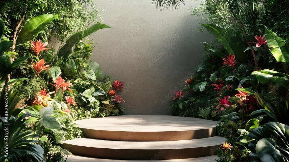 Poster natural beauty podium background for product showcasing with an abstract garden setting 3d rendering