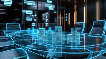 Fototapeta premium Hologram Wireframe Style Representation of a Conference Party Table Featuring Chips 3D Rendered Visualization