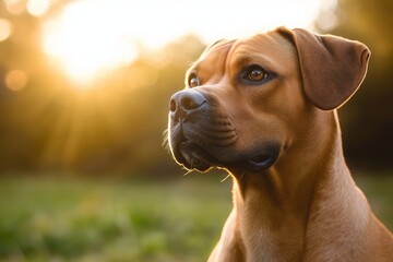 Fototapeta premium A focused brown dog sits in a grassy field during golden hour, with sunlight glowing behind it, highlighting its fur.