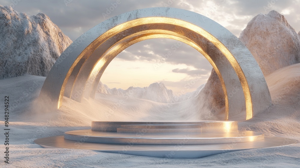 Poster Abstract sand dune cliffs featuring a metallic podium platform Surreal desert landscape backdrop with glossy metallic arches in a geometric design 3D rendering