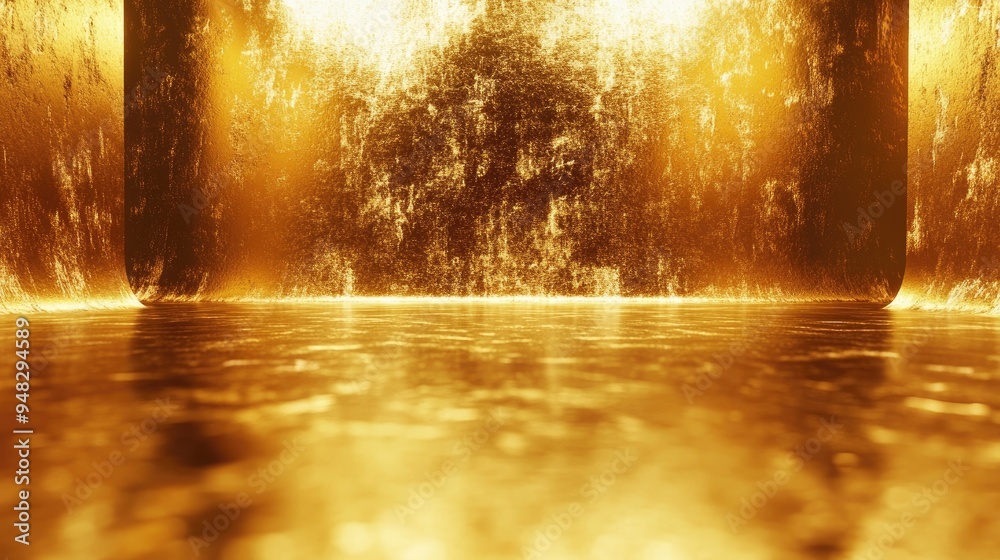 Poster glittering gold foil backdrop with reflective light textured golden wall 3d rendering luxurious shin