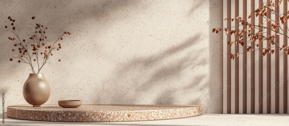 Poster beige minimal wall surface with a 3d rendered template mockup featuring a brown terrazzo pattern pod