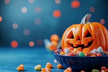  Halloween pumpkins and candy on a blue background, with space for text. The Halloween concept features a smiling jack-o'-lantern and a bowl full of candies and sweets.