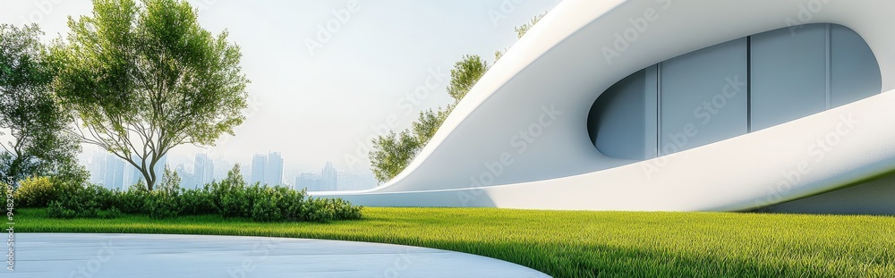 Poster abstract architectural background featuring a white curved structure alongside grassy landscaping re