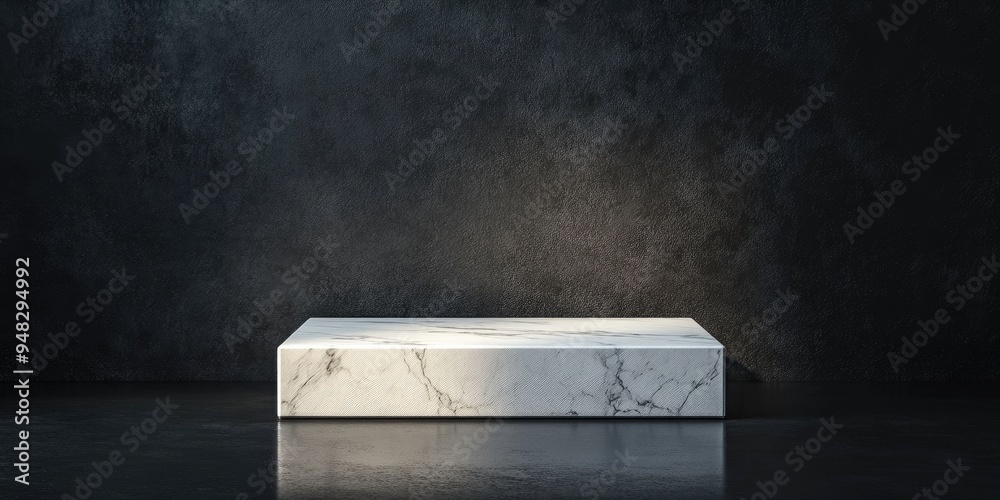 Poster elegant white stone podium on a dark surface with shadow reflection on the wall ideal for branding a