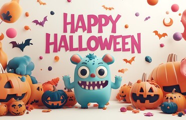 Happy Halloween vector background design with a cute monster character and Halloween elements for a trick-or-treat poster. The text "HAPPY HALLOWEEN" is displayed in a stylized font.