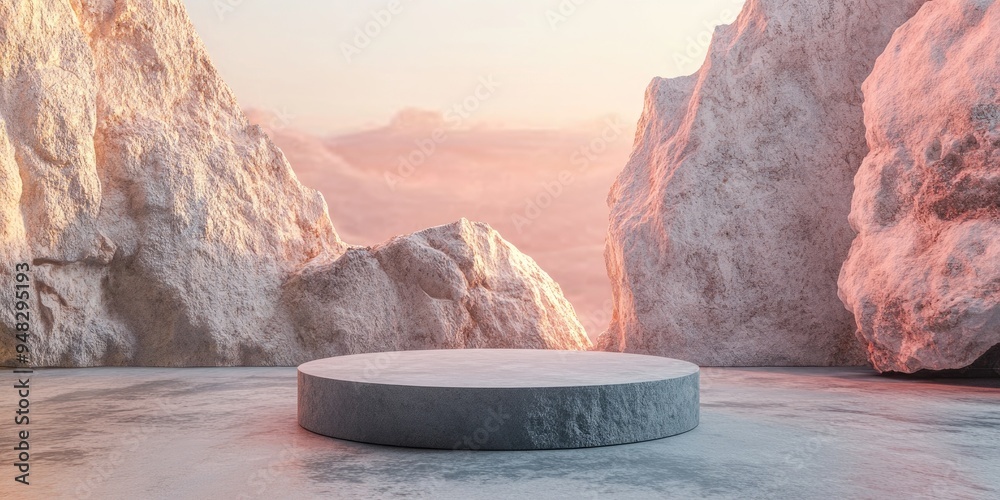Aufkleber Rocky backdrop featuring an empty podium designed for product display This is a 3D rendered illustration