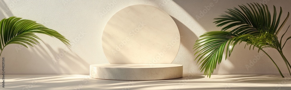 Poster minimalist composition featuring a round podium arch and palm leaves 3d rendering