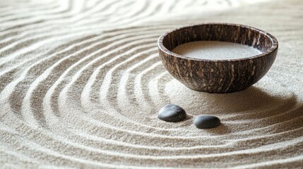 Naklejka premium Serene Zen Garden: Tranquil Closeup of Sand Patterns and Accessories on Tabletop