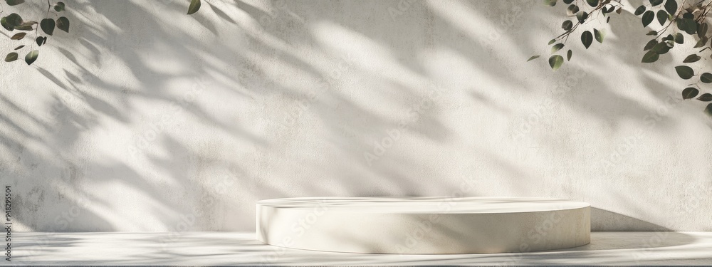 Poster Minimal product placement with concrete background and leaf shadows on a white plaster wall 3D rendered podium stage showcase with beige display pedestal