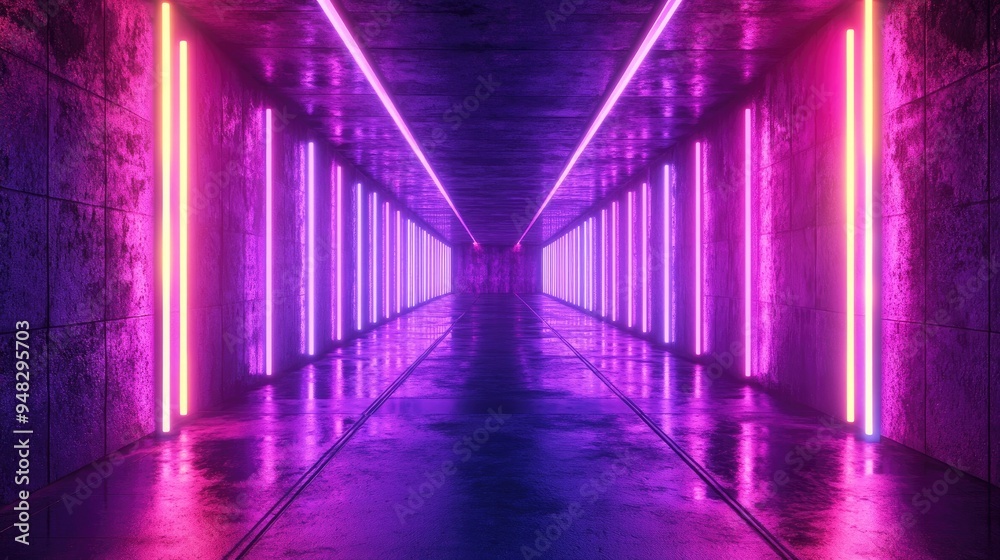 Poster vivid neon laser cyberpunk stage with illuminated tunnel corridor in a futuristic dark concrete grun