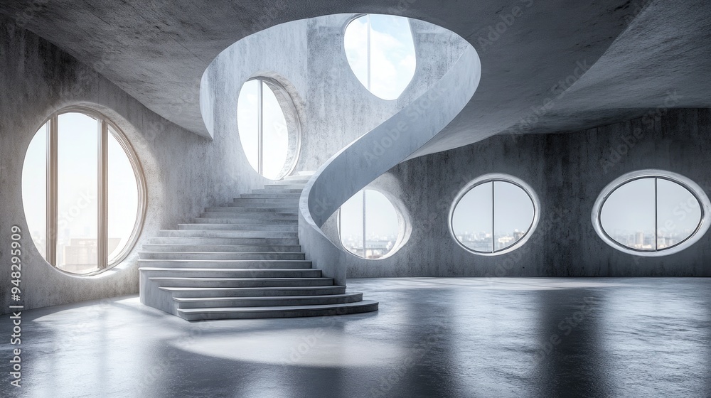 Aufkleber interior architectural background featuring curved stairs and round windows in an industrial style l