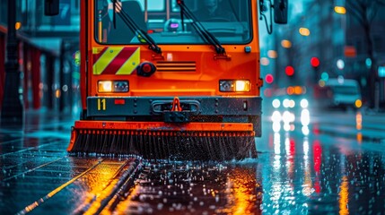 Street sweeper vehicle cleaning wet urban road with brushes amid blurred buildings and cars