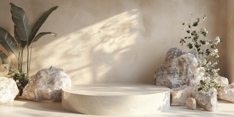 Abstract beige backdrop featuring natural stone and a podium in 3D render