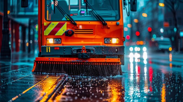 Street sweeper vehicle cleaning wet urban road with brushes amid blurred buildings and cars