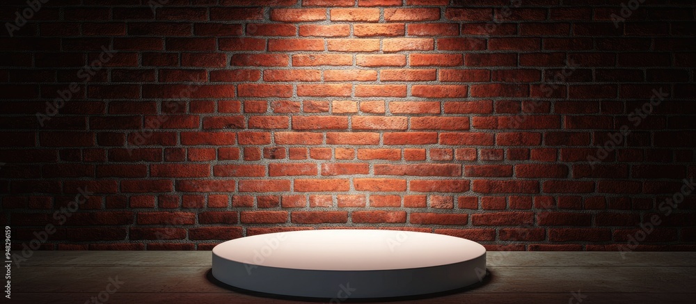 Poster white podium illuminated by spotlight against a textured red brick wall background 3d rendering