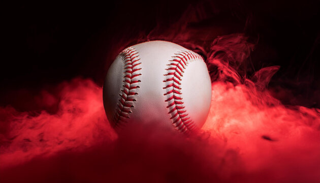 Baseball ball in red smoke on dark backdrop. Sport game concept. Close-up.