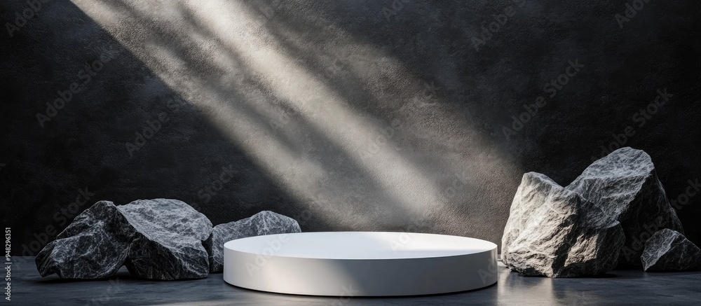 Poster White podium surrounded by dark stones in a dimly lit space casting shadows on the wall 3D rendering for product showcase