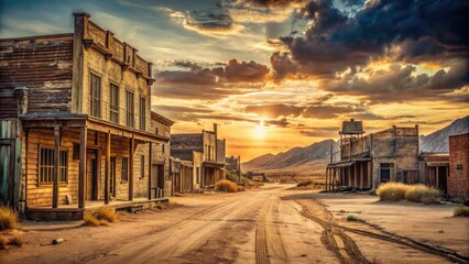 Abandoned main street of a forgotten western town, crumbling buildings with faded signs, old saloon, and dusty streets, surrounded by endless desert landscape.