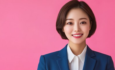 Asian businesswoman confidently posed in a suit, set against a pastel pink background, where her professional presence is softened by the gentle hues.