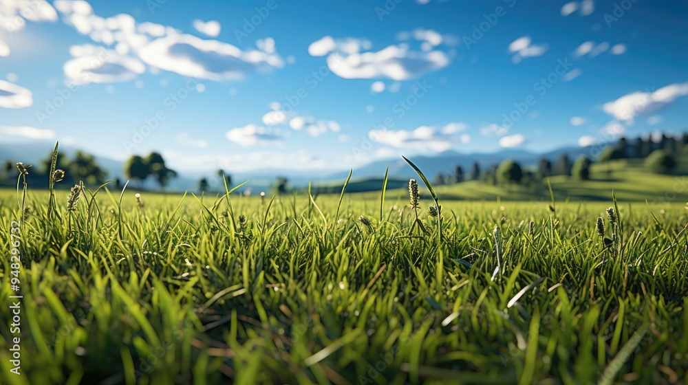 Poster field with green grass and blue sky