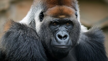 Obraz premium Close-up portrait of gorilla with fur collar and wise eyes.