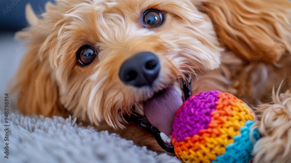 Poster a close-up of a cute dog with a happy expression, playing with a colorful toy, emphasizing its joyfu