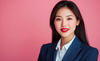 Asian businesswoman confidently posed in a suit, set against a pastel pink background, where her professional presence is softened by the gentle hues.