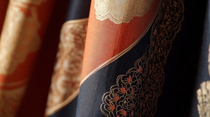 Intricate Noren Curtain Design Closeup on Plain Background | Traditional Fabric Doorway Curtain Details