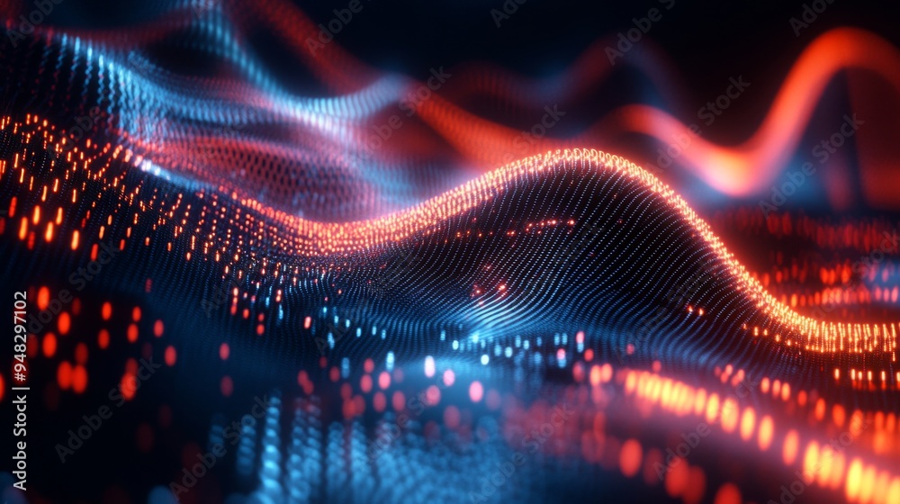 Poster A close-up of a digital representation of electromagnetic wave patterns, showing the wave frequency and amplitude on a sleek, modern interface.