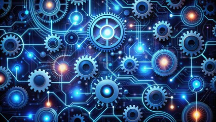 Obraz premium Abstract futuristic seamless pattern of interconnected gears, wires, and circuits, forming a complex technological network, symbolizing innovation and digital connectivity.