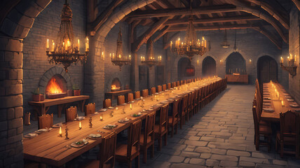 Obraz premium A pixelated medieval castle dining hall with long wooden tables, chandeliers, and stone walls, set for a royal banquet
